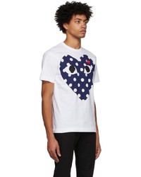 weißes und dunkelblaues bedrucktes T-Shirt mit einem Rundhalsausschnitt von Comme Des Garcons Play