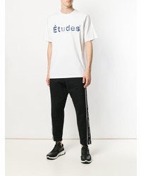 weißes und dunkelblaues bedrucktes T-Shirt mit einem Rundhalsausschnitt von Études
