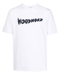 weißes und dunkelblaues bedrucktes T-Shirt mit einem Rundhalsausschnitt von Wood Wood