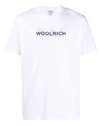 weißes und dunkelblaues bedrucktes T-Shirt mit einem Rundhalsausschnitt von Woolrich