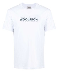 weißes und dunkelblaues bedrucktes T-Shirt mit einem Rundhalsausschnitt von Woolrich