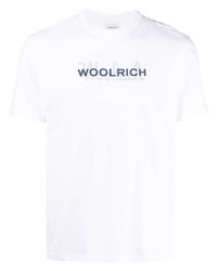 weißes und dunkelblaues bedrucktes T-Shirt mit einem Rundhalsausschnitt von Woolrich