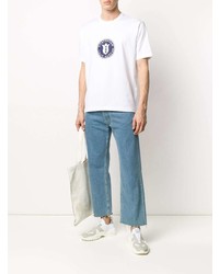 weißes und dunkelblaues bedrucktes T-Shirt mit einem Rundhalsausschnitt von Junya Watanabe MAN