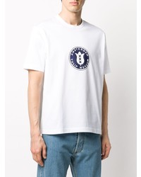 weißes und dunkelblaues bedrucktes T-Shirt mit einem Rundhalsausschnitt von Junya Watanabe MAN