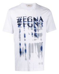 weißes und dunkelblaues bedrucktes T-Shirt mit einem Rundhalsausschnitt von Z Zegna