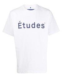 weißes und dunkelblaues bedrucktes T-Shirt mit einem Rundhalsausschnitt von Études