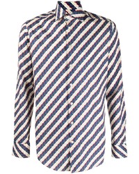 weißes und dunkelblaues horizontal gestreiftes Langarmhemd von Etro