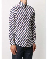 weißes und dunkelblaues horizontal gestreiftes Langarmhemd von Etro