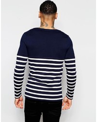 weißes und dunkelblaues horizontal gestreiftes Langarmshirt von Asos