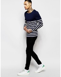 weißes und dunkelblaues horizontal gestreiftes Langarmshirt von Asos