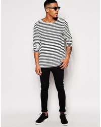 weißes und dunkelblaues horizontal gestreiftes Langarmshirt von Asos