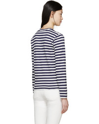 weißes und dunkelblaues horizontal gestreiftes Langarmshirt von Comme des Garcons