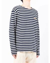 weißes und dunkelblaues horizontal gestreiftes Langarmshirt von Maison Labiche