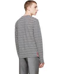 weißes und dunkelblaues horizontal gestreiftes Langarmshirt von Thom Browne