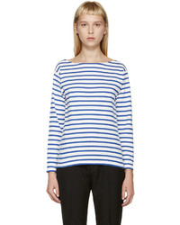 weißes und dunkelblaues horizontal gestreiftes Langarmshirt von Saint Laurent