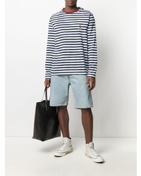 weißes und dunkelblaues horizontal gestreiftes Langarmshirt von Hilfiger Collection