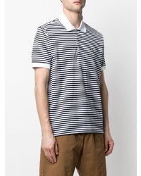 weißes und dunkelblaues horizontal gestreiftes Polohemd von Lacoste