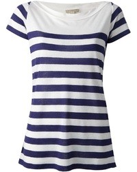 weißes und dunkelblaues horizontal gestreiftes T-Shirt mit einem Rundhalsausschnitt