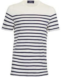 weißes und dunkelblaues horizontal gestreiftes T-Shirt mit einem Rundhalsausschnitt
