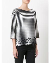weißes und dunkelblaues horizontal gestreiftes T-Shirt mit einem Rundhalsausschnitt von Moncler
