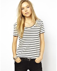 weißes und dunkelblaues horizontal gestreiftes T-Shirt mit einem Rundhalsausschnitt von Denham
