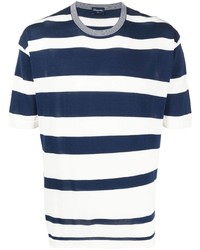 weißes und dunkelblaues horizontal gestreiftes T-Shirt mit einem Rundhalsausschnitt von Drumohr