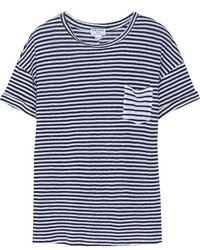 weißes und dunkelblaues horizontal gestreiftes T-Shirt mit einem Rundhalsausschnitt von Frame Denim
