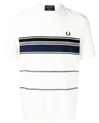 weißes und dunkelblaues horizontal gestreiftes T-Shirt mit einem Rundhalsausschnitt von Fred Perry