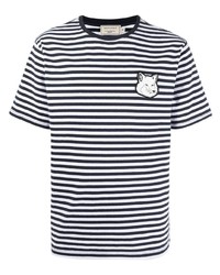 weißes und dunkelblaues horizontal gestreiftes T-Shirt mit einem Rundhalsausschnitt von MAISON KITSUNÉ