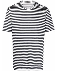 weißes und dunkelblaues horizontal gestreiftes T-Shirt mit einem Rundhalsausschnitt von Majestic Filatures