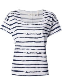 weißes und dunkelblaues horizontal gestreiftes T-Shirt mit einem Rundhalsausschnitt von MiH Jeans