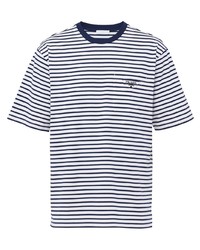 weißes und dunkelblaues horizontal gestreiftes T-Shirt mit einem Rundhalsausschnitt von Prada