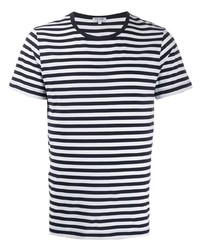 weißes und dunkelblaues horizontal gestreiftes T-Shirt mit einem Rundhalsausschnitt von Ron Dorff