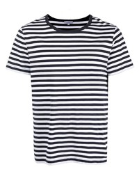 weißes und dunkelblaues horizontal gestreiftes T-Shirt mit einem Rundhalsausschnitt von Ron Dorff