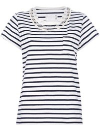 weißes und dunkelblaues horizontal gestreiftes T-Shirt mit einem Rundhalsausschnitt von Sacai