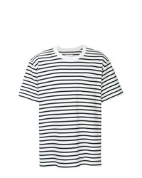 weißes und dunkelblaues horizontal gestreiftes T-Shirt mit einem Rundhalsausschnitt von Sacai