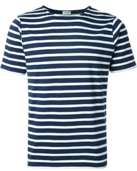 weißes und dunkelblaues horizontal gestreiftes T-Shirt mit einem Rundhalsausschnitt von Saint Laurent