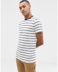 weißes und dunkelblaues horizontal gestreiftes T-Shirt mit einem Rundhalsausschnitt von Selected Homme