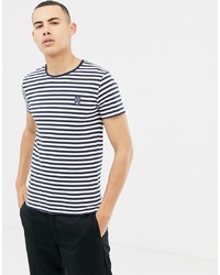 weißes und dunkelblaues horizontal gestreiftes T-Shirt mit einem Rundhalsausschnitt von Solid