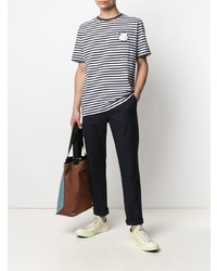 weißes und dunkelblaues horizontal gestreiftes T-Shirt mit einem Rundhalsausschnitt von MAISON KITSUNÉ