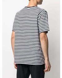 weißes und dunkelblaues horizontal gestreiftes T-Shirt mit einem Rundhalsausschnitt von MAISON KITSUNÉ