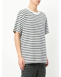 weißes und dunkelblaues horizontal gestreiftes T-Shirt mit einem Rundhalsausschnitt von Sacai