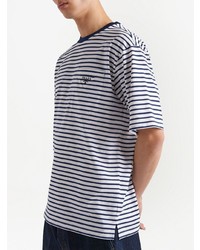 weißes und dunkelblaues horizontal gestreiftes T-Shirt mit einem Rundhalsausschnitt von Prada