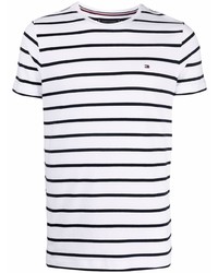 weißes und dunkelblaues horizontal gestreiftes T-Shirt mit einem Rundhalsausschnitt von Tommy Hilfiger