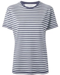 weißes und dunkelblaues horizontal gestreiftes T-Shirt mit einem Rundhalsausschnitt von Victoria Beckham