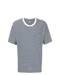 weißes und dunkelblaues horizontal gestreiftes T-Shirt mit einem Rundhalsausschnitt von VISVIM