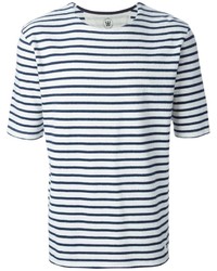 weißes und dunkelblaues horizontal gestreiftes T-Shirt mit einem Rundhalsausschnitt von Wood Wood