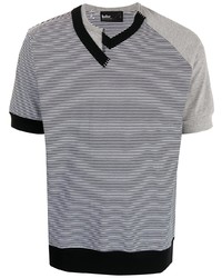 weißes und dunkelblaues horizontal gestreiftes T-Shirt mit einem V-Ausschnitt von Kolor