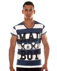weißes und dunkelblaues horizontal gestreiftes T-Shirt mit einem V-Ausschnitt von MADMEXT