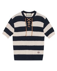weißes und dunkelblaues horizontal gestreiftes T-shirt mit einer Knopfleiste von Gucci